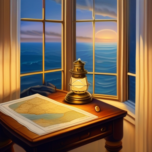 AI-generated image: A lighthouse keeper's desk at dawn, brass lamp and nautical maps, oil painting